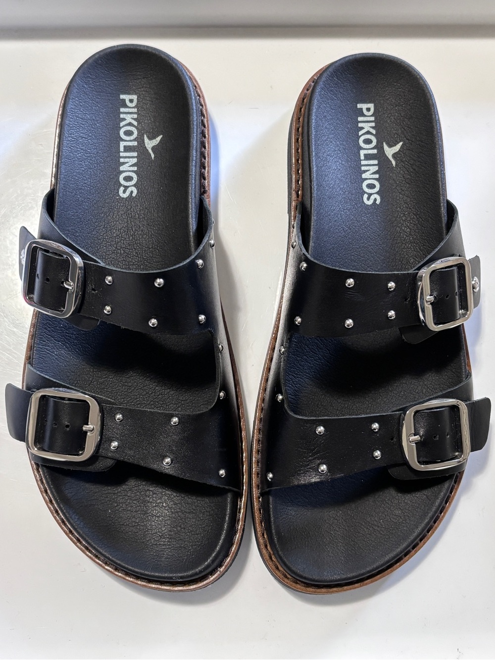 Pikolinos Aitana Studded Leather Sandals Black Double Buckle Sz 10-10.5